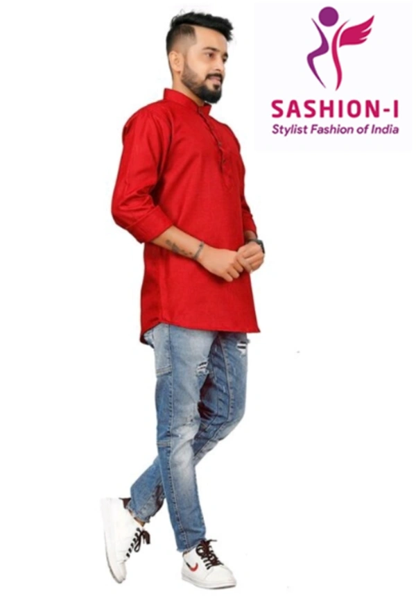Men's Stylish Full Sleeve Short Kurta - Red